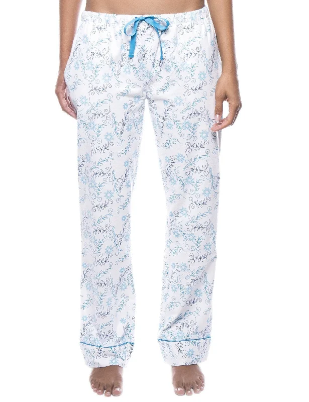 Embroidered - cuffed sky - blue lounge pants for a delicate and beautiful lookWomens 100% Cotton Flannel Lounge Pants - Floral White/Blue Embroidered - cuffed sky - blue lounge pants for a delicate and beautiful lookWomens 100% Cotton Flannel Lounge Pants - Floral White/Blue