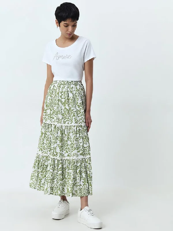 Twill Women Shorts with a Smooth Texture and DurabilityLOV Green Leaf Design Tiered Cotton Skirt Twill Women Shorts with a Smooth Texture and DurabilityLOV Green Leaf Design Tiered Cotton Skirt