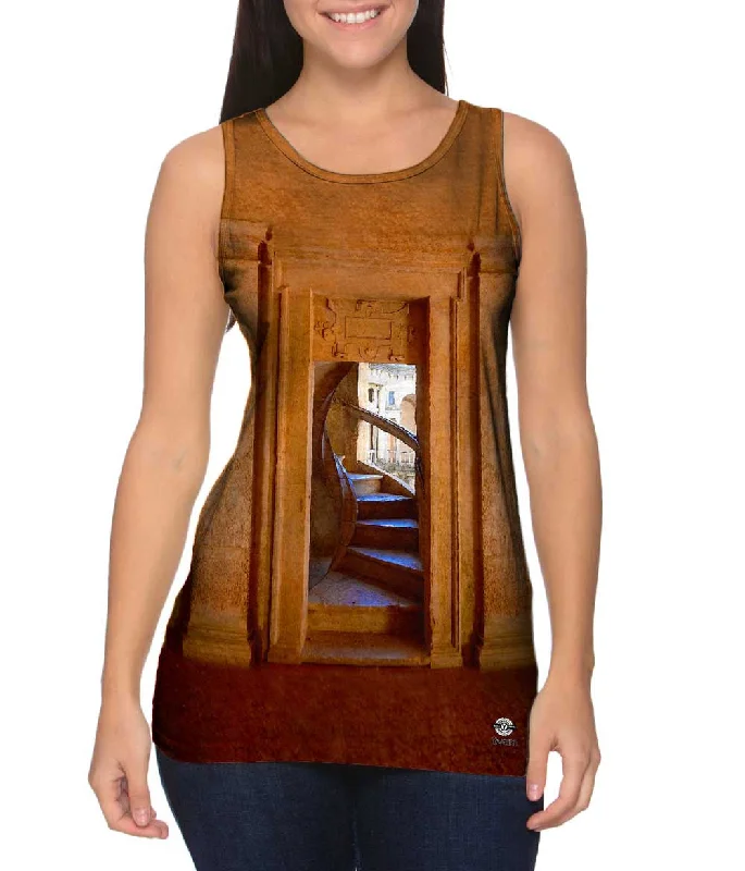 Women's Spaghetti Strap Tank Tops with Geometric PatternsTemplar Castles - "Architecture Spiral Staircase Cloister of John III Convent of Christ Portugal" Women's Spaghetti Strap Tank Tops with Geometric PatternsTemplar Castles - "Architecture Spiral Staircase Cloister of John III Convent of Christ Portugal"