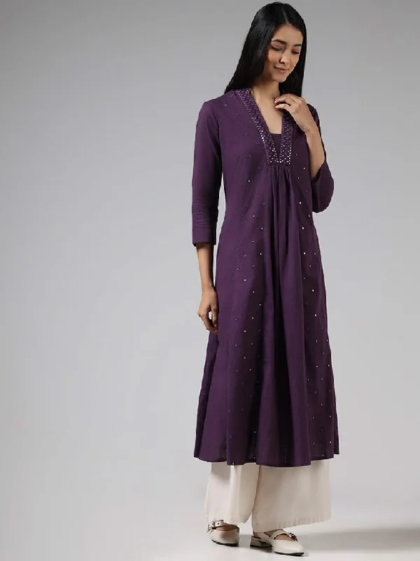 Tie - Waist Women Shorts for a Customizable FitUtsa Dark Purple Mirror Embroidered Cotton Gathered Kurta Tie - Waist Women Shorts for a Customizable FitUtsa Dark Purple Mirror Embroidered Cotton Gathered Kurta