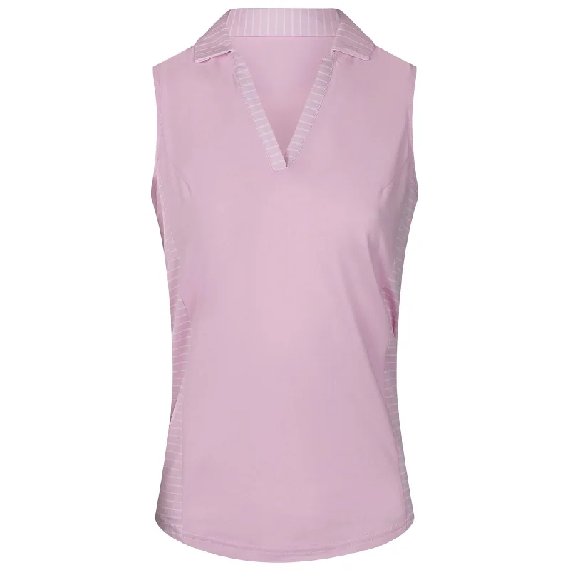 Metallic - trimmed polo shirt for a glamorous lookWomens Sleeveless Open Placket Shirt Pink - AW24 Metallic - trimmed polo shirt for a glamorous lookWomens Sleeveless Open Placket Shirt Pink - AW24
