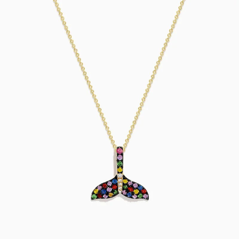 Flower - shaped pendants, including roses, lilies, and daisies​ Watercolors 14K Yellow Gold Multi Sapphire and Diamond Tail Pendant