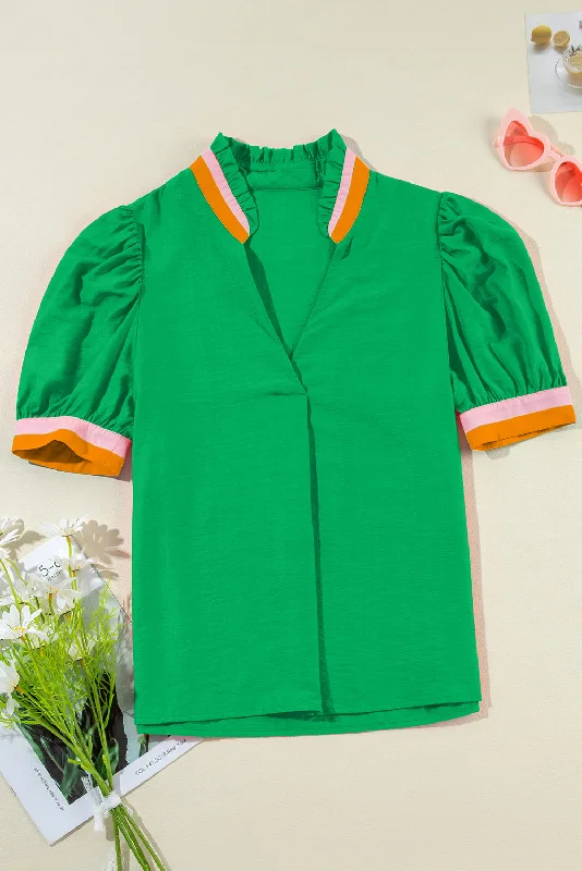 Maternity Bodysuits for Expecting Mothers' ComfortContrast Trim Notched Short Sleeve Blouse Maternity Bodysuits for Expecting Mothers' ComfortContrast Trim Notched Short Sleeve Blouse