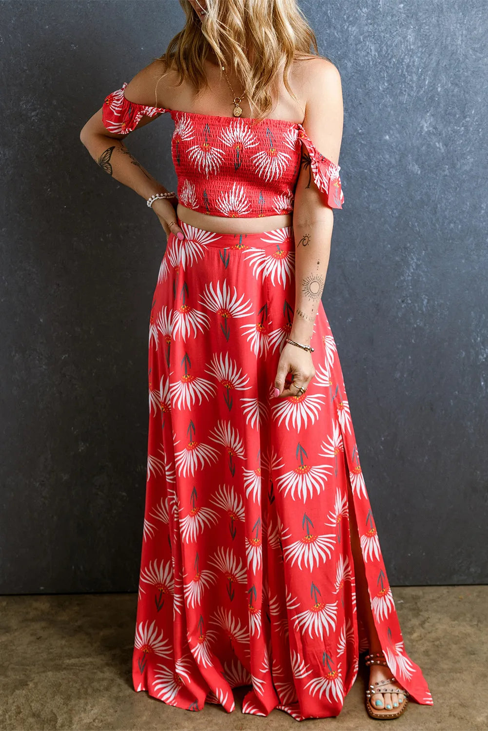 Organic Cotton Bodysuits for an Eco - Friendly and Comfortable OptionSmocked Off-Shoulder Top and Slit Skirt Set Organic Cotton Bodysuits for an Eco - Friendly and Comfortable OptionSmocked Off-Shoulder Top and Slit Skirt Set